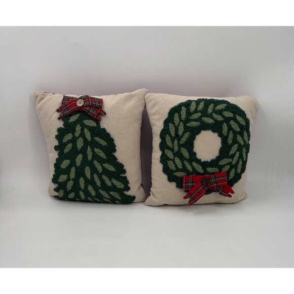 Christmas Tree & Wreath Decorative Throw Pillows Set Of 2 16"x16" Mud Pie Cotton - Picture 1 of 9